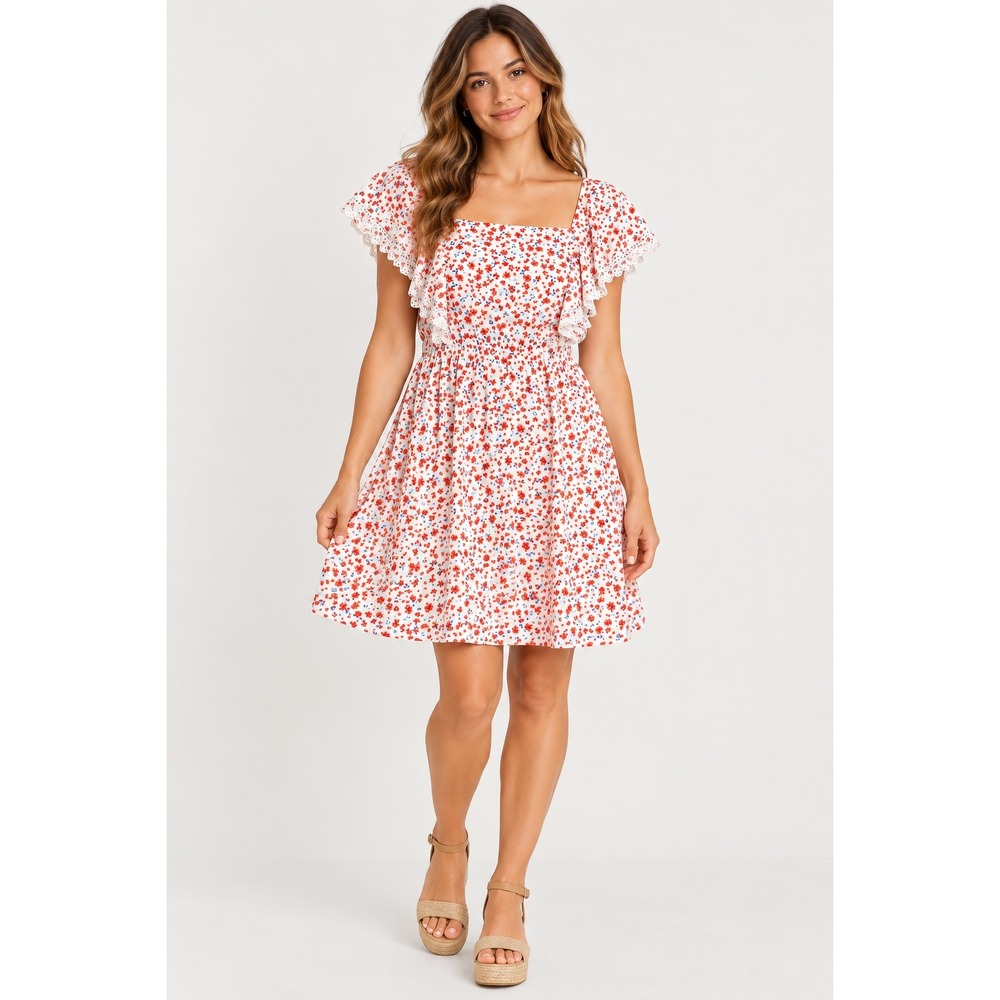 Old Navy Floral Eyelet Cottagecore Mini Dress Red White Blue Size M NWT